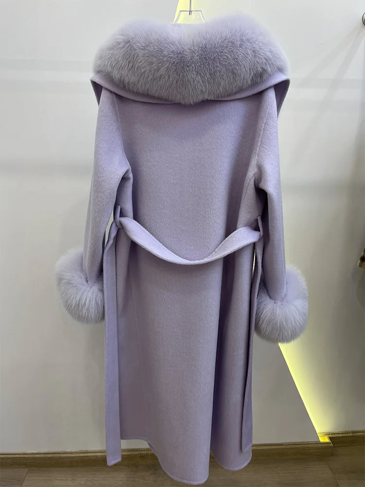 Winter Women Woolen Coat Natural Real Fox Fur Collar Jacket Long Wool Coat Thick Warm Outerwear Detachable Loose Belt Jacket