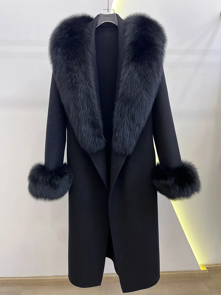 Winter Women Woolen Coat Natural Real Fox Fur Collar Jacket Long Wool Coat Thick Warm Outerwear Detachable Loose Belt Jacket