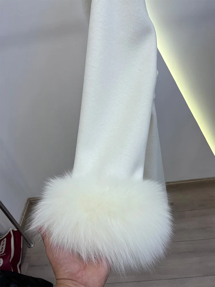 Winter Women Woolen Coat Natural Real Fox Fur Collar Jacket Long Wool Coat Thick Warm Outerwear Detachable Loose Belt Jacket