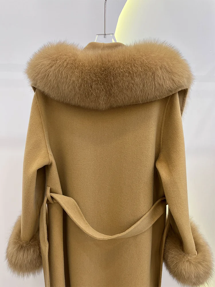 Winter Women Woolen Coat Natural Real Fox Fur Collar Jacket Long Wool Coat Thick Warm Outerwear Detachable Loose Belt Jacket