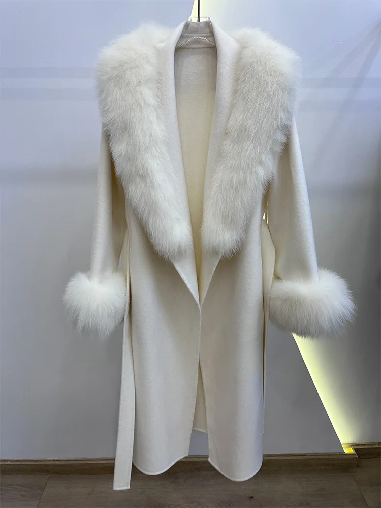 Winter Women Woolen Coat Natural Real Fox Fur Collar Jacket Long Wool Coat Thick Warm Outerwear Detachable Loose Belt Jacket