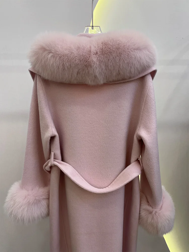 Winter Women Woolen Coat Natural Real Fox Fur Collar Jacket Long Wool Coat Thick Warm Outerwear Detachable Loose Belt Jacket