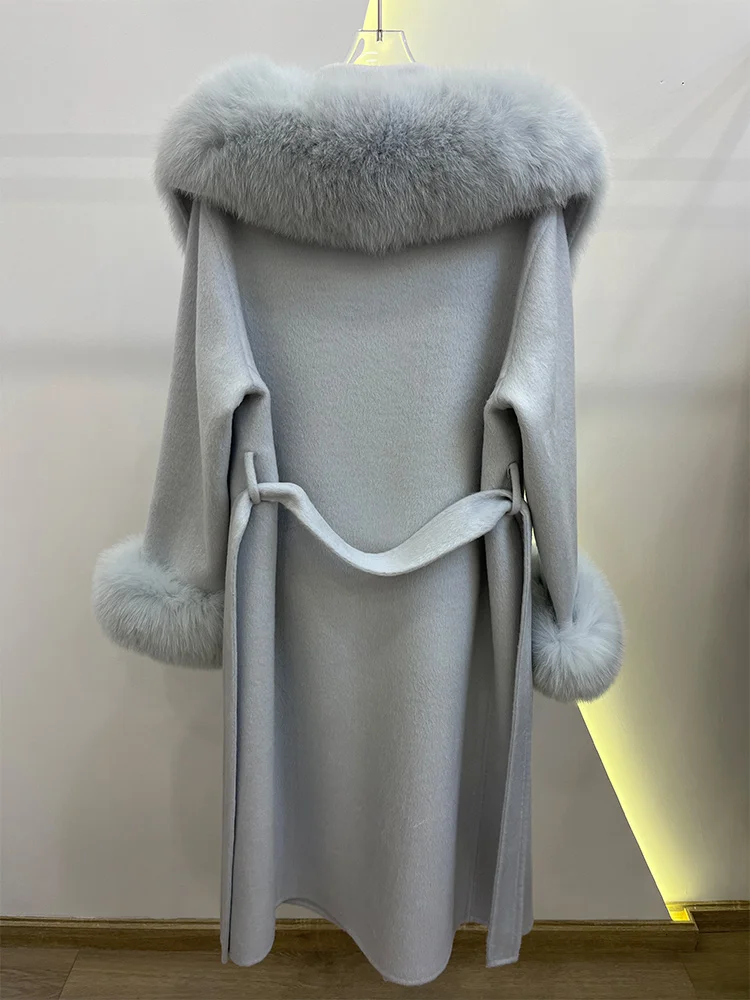 Winter Women Woolen Coat Natural Real Fox Fur Collar Jacket Long Wool Coat Thick Warm Outerwear Detachable Loose Belt Jacket