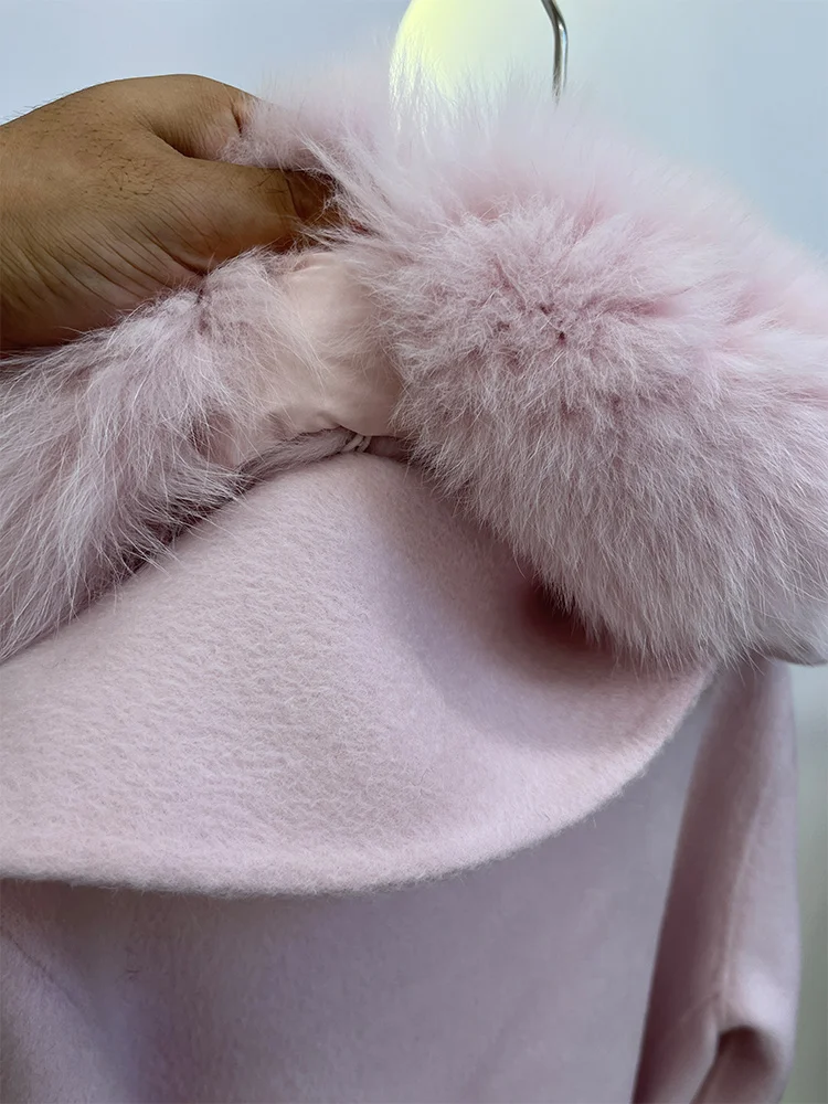 Winter Women Woolen Coat Natural Real Fox Fur Collar Jacket Long Wool Coat Thick Warm Outerwear Detachable Loose Belt Jacket