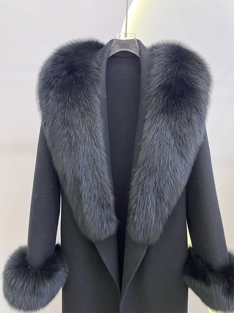 Winter Women Woolen Coat Natural Real Fox Fur Collar Jacket Long Wool Coat Thick Warm Outerwear Detachable Loose Belt Jacket