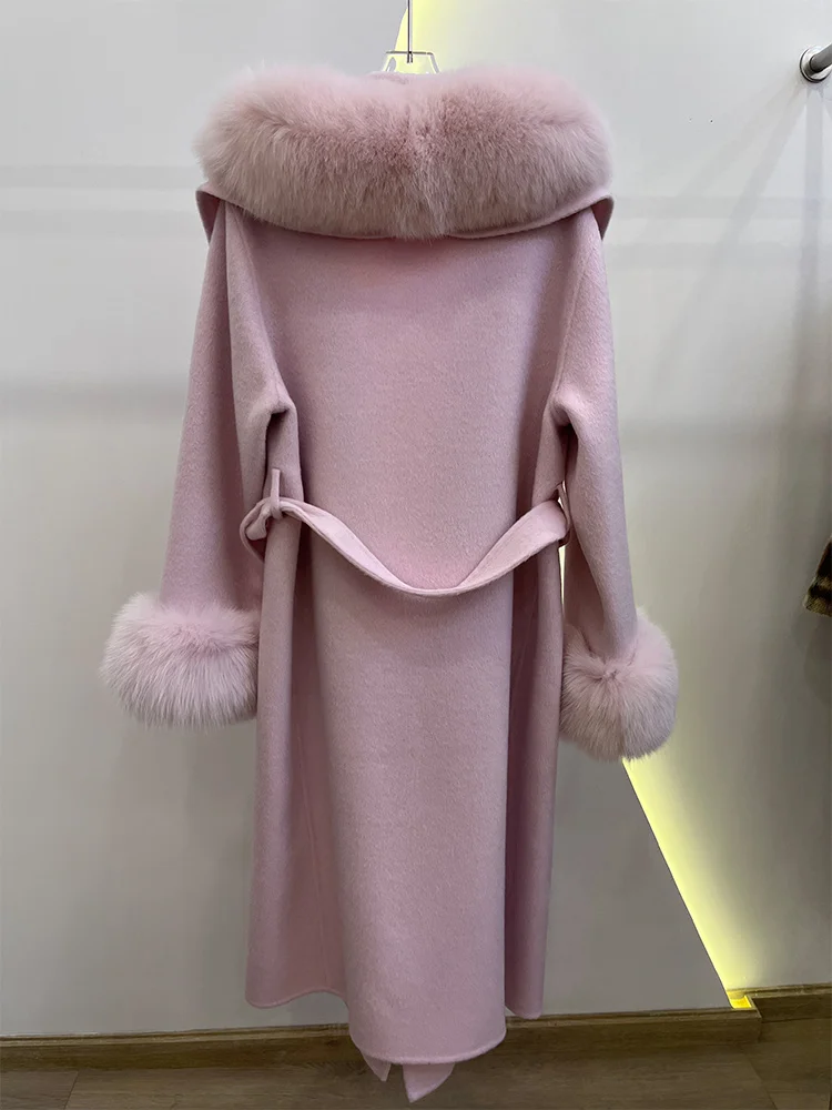 Winter Women Woolen Coat Natural Real Fox Fur Collar Jacket Long Wool Coat Thick Warm Outerwear Detachable Loose Belt Jacket