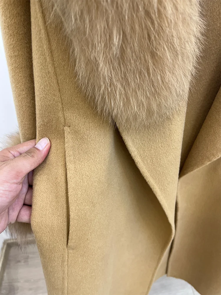 Winter Women Woolen Coat Natural Real Fox Fur Collar Jacket Long Wool Coat Thick Warm Outerwear Detachable Loose Belt Jacket