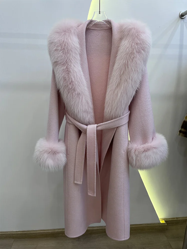 Winter Women Woolen Coat Natural Real Fox Fur Collar Jacket Long Wool Coat Thick Warm Outerwear Detachable Loose Belt Jacket