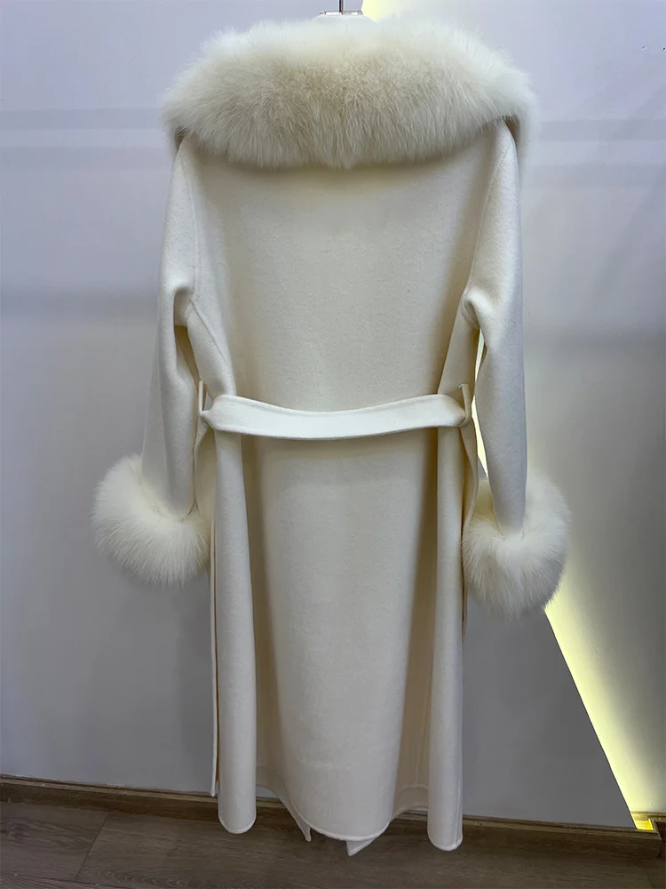 Winter Women Woolen Coat Natural Real Fox Fur Collar Jacket Long Wool Coat Thick Warm Outerwear Detachable Loose Belt Jacket