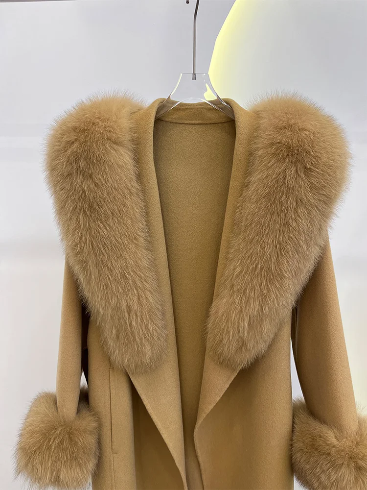 Winter Women Woolen Coat Natural Real Fox Fur Collar Jacket Long Wool Coat Thick Warm Outerwear Detachable Loose Belt Jacket