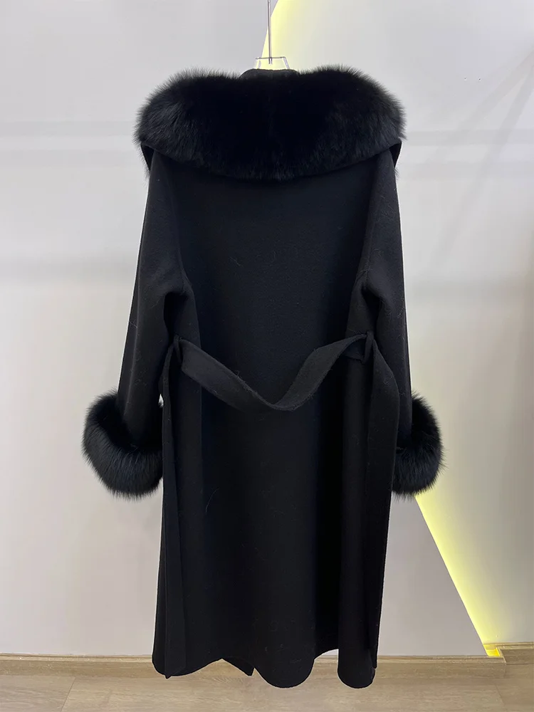 Winter Women Woolen Coat Natural Real Fox Fur Collar Jacket Long Wool Coat Thick Warm Outerwear Detachable Loose Belt Jacket