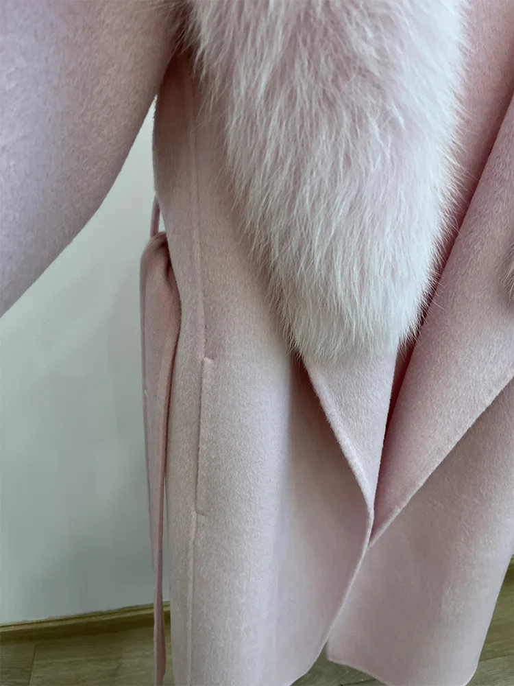 Winter Women Woolen Coat Natural Real Fox Fur Collar Jacket Long Wool Coat Thick Warm Outerwear Detachable Loose Belt Jacket