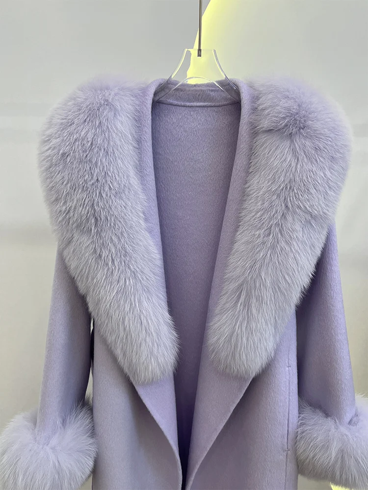Winter Women Woolen Coat Natural Real Fox Fur Collar Jacket Long Wool Coat Thick Warm Outerwear Detachable Loose Belt Jacket