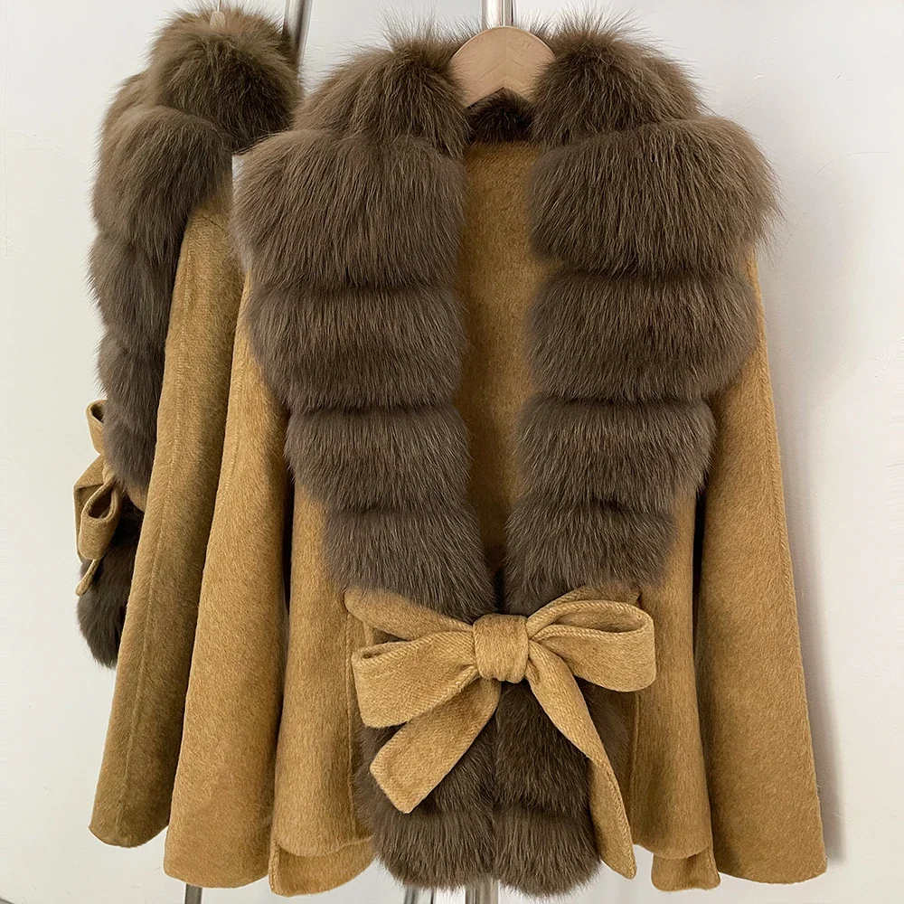 OFTBUY Women 100% Wool Coat New Winter Warm Woolen Overcoat for Women Real Fox Fur Collar Lapel Belted Waist Woolen Jacket Lady