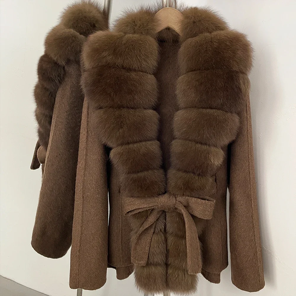 OFTBUY Women 100% Wool Coat New Winter Warm Woolen Overcoat for Women Real Fox Fur Collar Lapel Belted Waist Woolen Jacket Lady