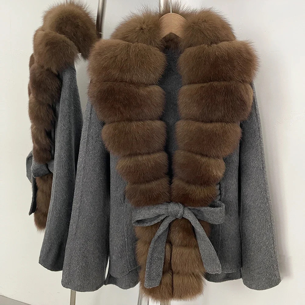OFTBUY Women 100% Wool Coat New Winter Warm Woolen Overcoat for Women Real Fox Fur Collar Lapel Belted Waist Woolen Jacket Lady