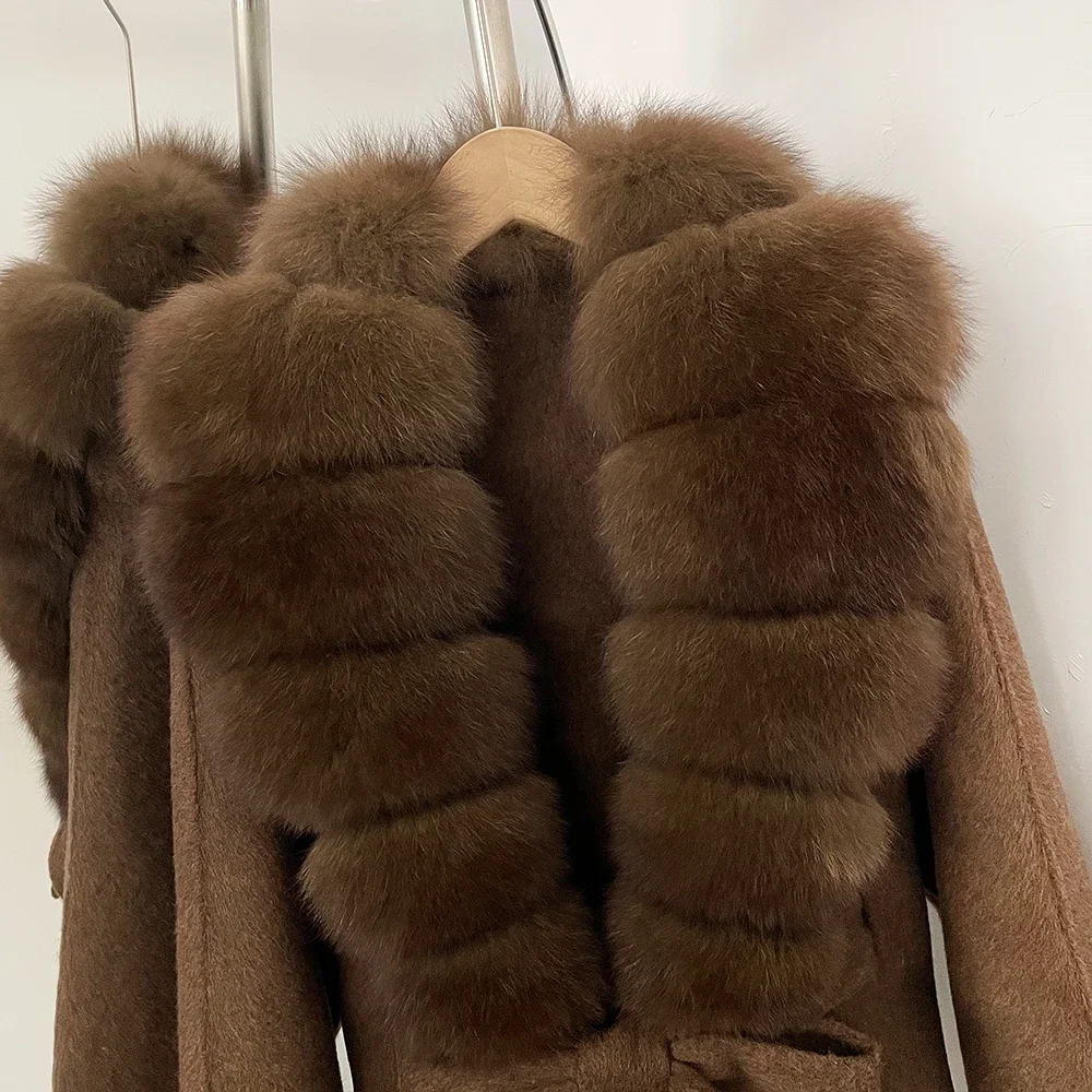 OFTBUY Women 100% Wool Coat New Winter Warm Woolen Overcoat for Women Real Fox Fur Collar Lapel Belted Waist Woolen Jacket Lady