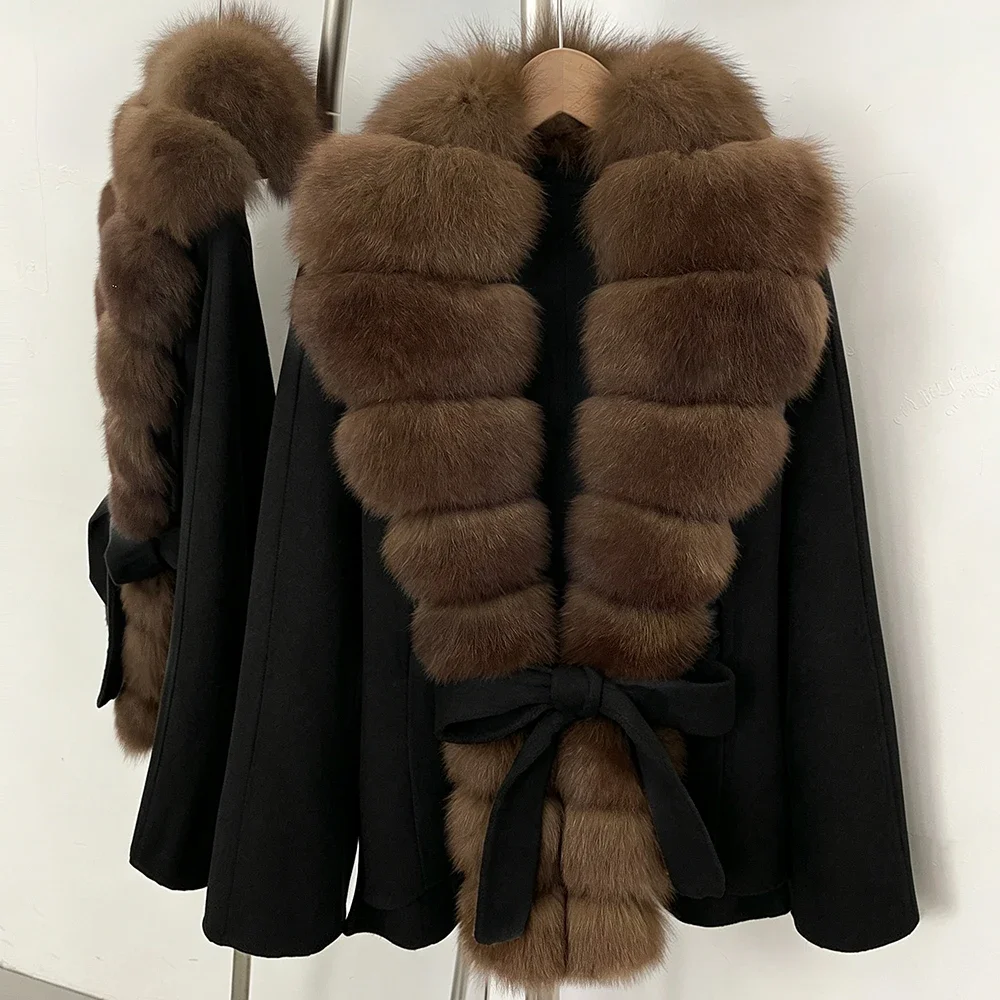OFTBUY Women 100% Wool Coat New Winter Warm Woolen Overcoat for Women Real Fox Fur Collar Lapel Belted Waist Woolen Jacket Lady