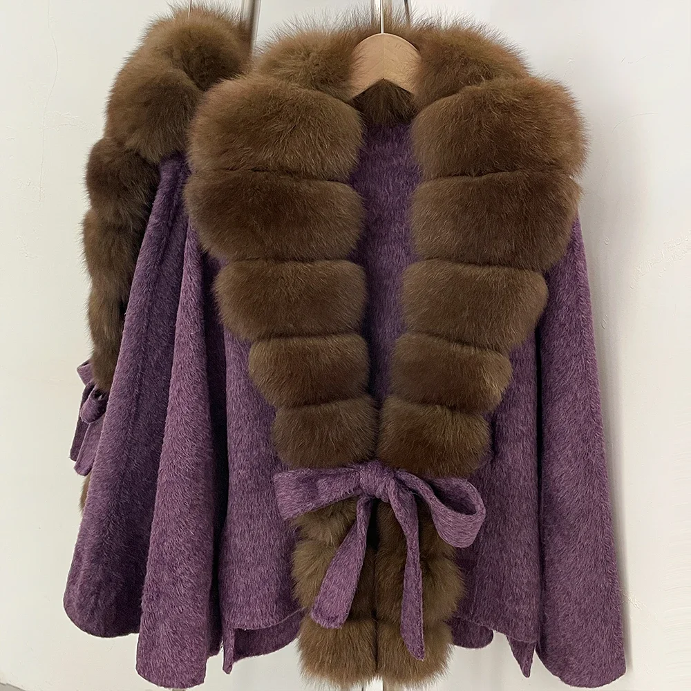 OFTBUY Women 100% Wool Coat New Winter Warm Woolen Overcoat for Women Real Fox Fur Collar Lapel Belted Waist Woolen Jacket Lady