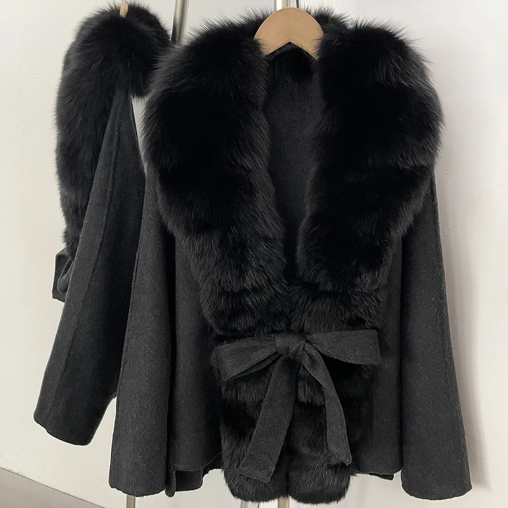 OFTBUY Women 100% Wool Coat New Winter Warm Woolen Overcoat for Women Real Fox Fur Collar Lapel Belted Waist Woolen Jacket Lady