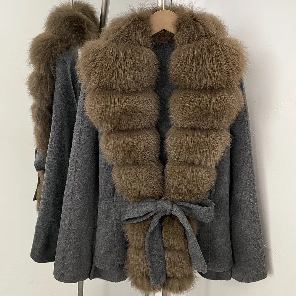 OFTBUY Women 100% Wool Coat New Winter Warm Woolen Overcoat for Women Real Fox Fur Collar Lapel Belted Waist Woolen Jacket Lady