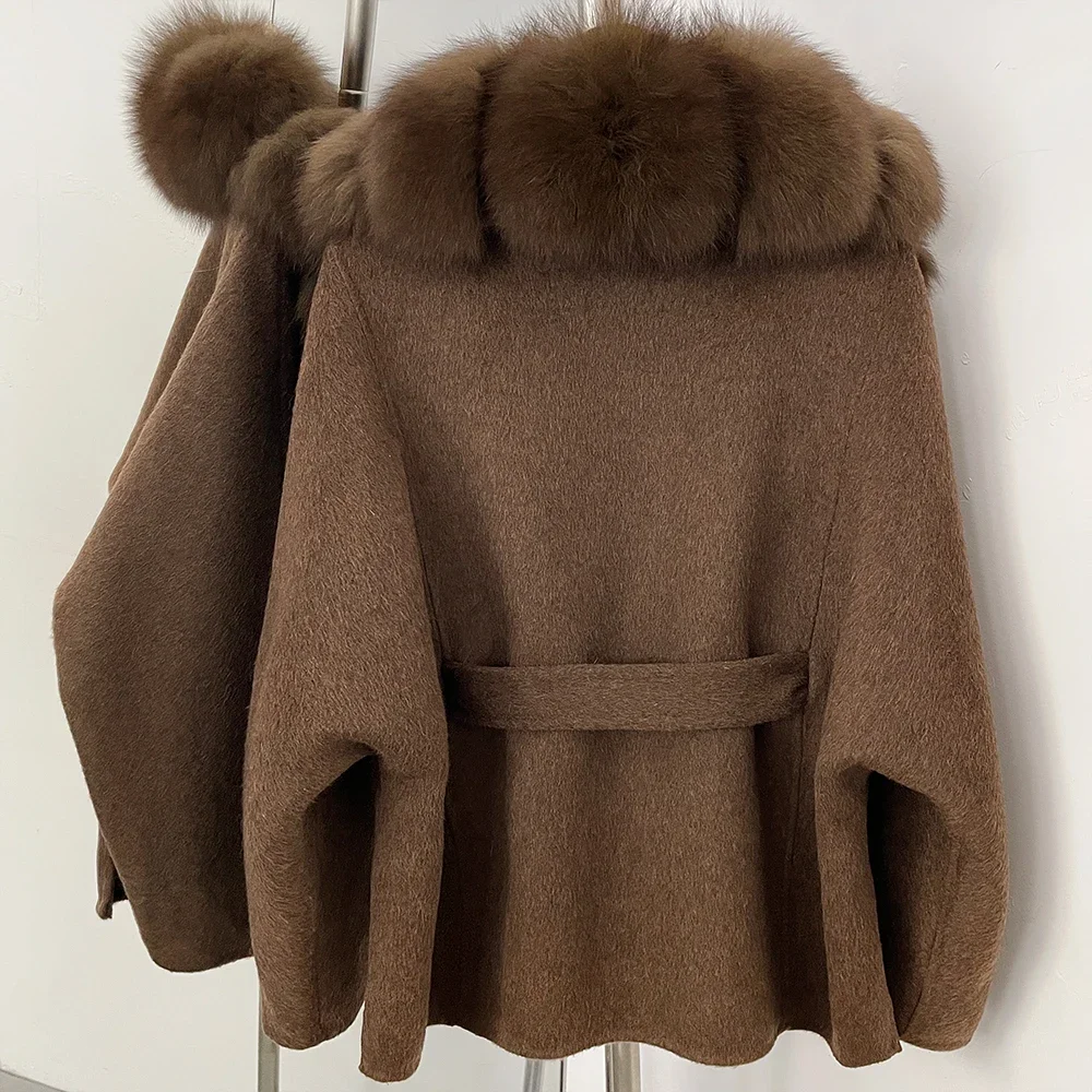 OFTBUY Women 100% Wool Coat New Winter Warm Woolen Overcoat for Women Real Fox Fur Collar Lapel Belted Waist Woolen Jacket Lady