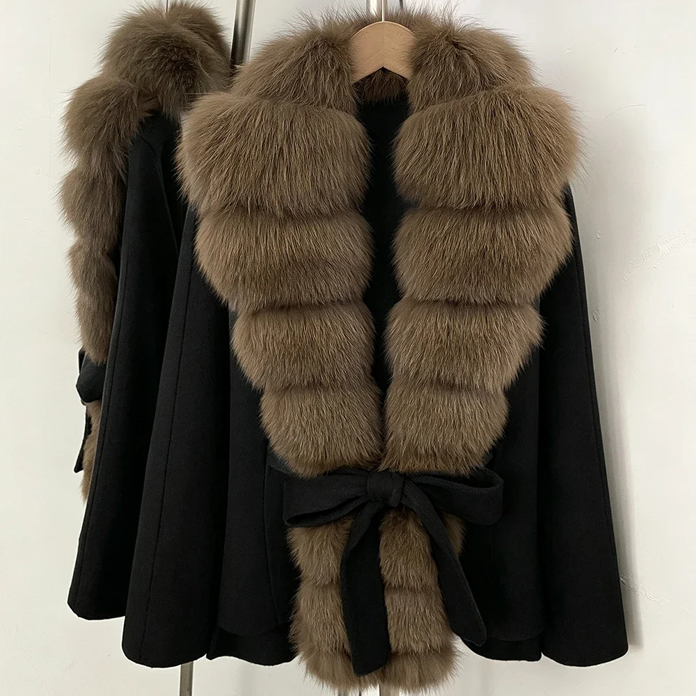 OFTBUY Women 100% Wool Coat New Winter Warm Woolen Overcoat for Women Real Fox Fur Collar Lapel Belted Waist Woolen Jacket Lady