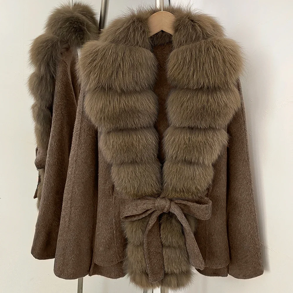 OFTBUY Women 100% Wool Coat New Winter Warm Woolen Overcoat for Women Real Fox Fur Collar Lapel Belted Waist Woolen Jacket Lady