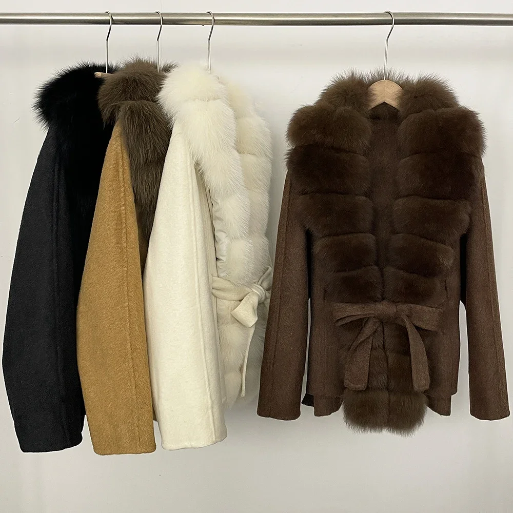 OFTBUY Women 100% Wool Coat New Winter Warm Woolen Overcoat for Women Real Fox Fur Collar Lapel Belted Waist Woolen Jacket Lady