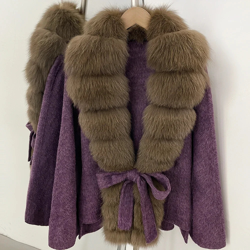 OFTBUY Women 100% Wool Coat New Winter Warm Woolen Overcoat for Women Real Fox Fur Collar Lapel Belted Waist Woolen Jacket Lady