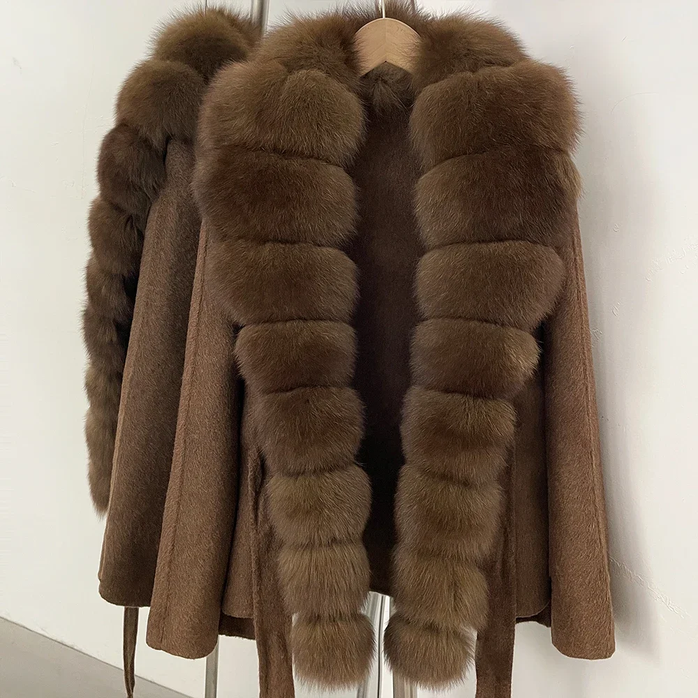 OFTBUY Women 100% Wool Coat New Winter Warm Woolen Overcoat for Women Real Fox Fur Collar Lapel Belted Waist Woolen Jacket Lady
