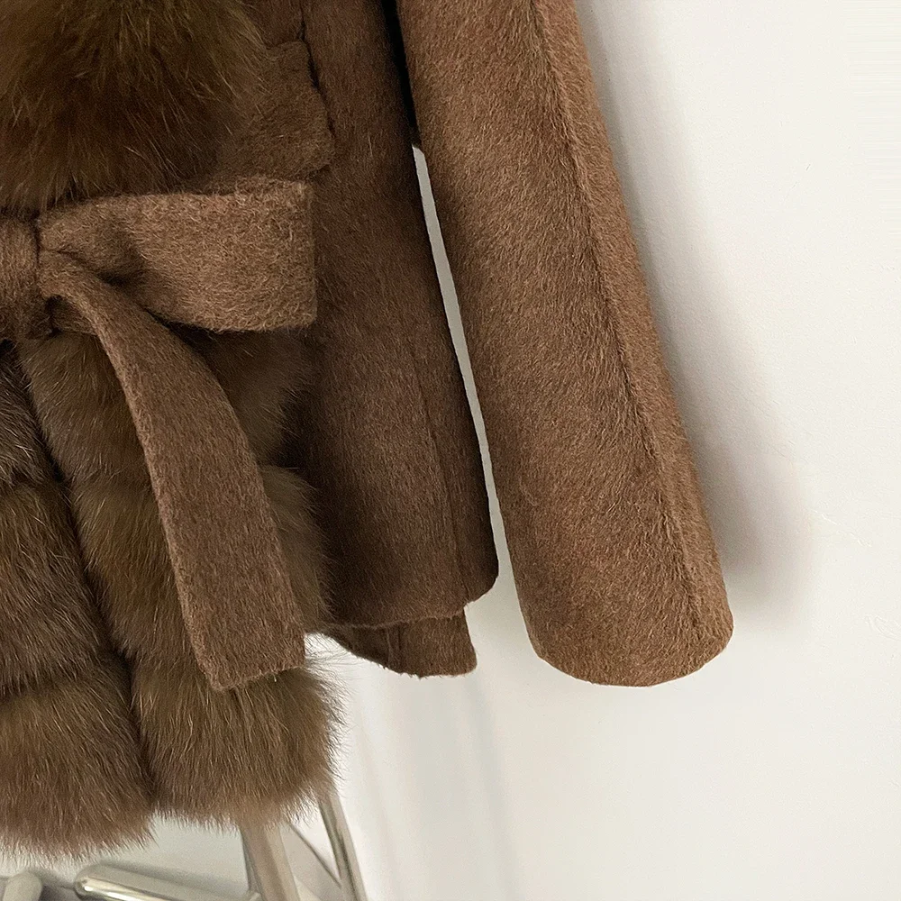 OFTBUY Women 100% Wool Coat New Winter Warm Woolen Overcoat for Women Real Fox Fur Collar Lapel Belted Waist Woolen Jacket Lady