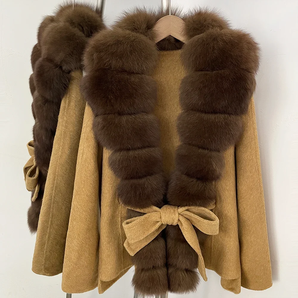 OFTBUY Women 100% Wool Coat New Winter Warm Woolen Overcoat for Women Real Fox Fur Collar Lapel Belted Waist Woolen Jacket Lady