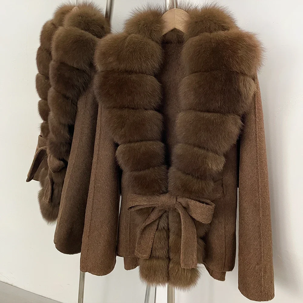 OFTBUY Women 100% Wool Coat New Winter Warm Woolen Overcoat for Women Real Fox Fur Collar Lapel Belted Waist Woolen Jacket Lady