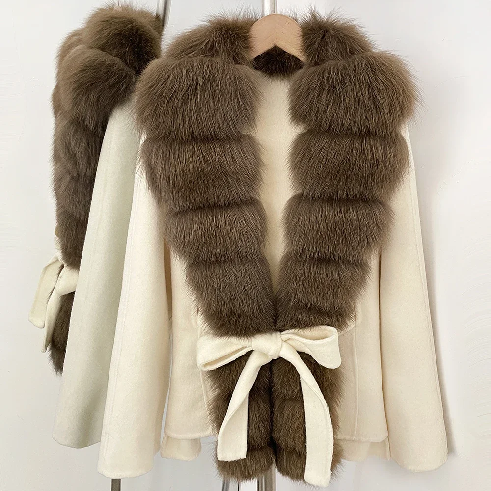 OFTBUY Women 100% Wool Coat New Winter Warm Woolen Overcoat for Women Real Fox Fur Collar Lapel Belted Waist Woolen Jacket Lady
