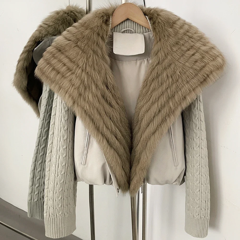 OFTBUY Winter Real Fox Fur Collar Coat Women Zipper Duck Down Jacket Female Knit Sleeve Crop Puffer Coat Thick Warm Outerwear