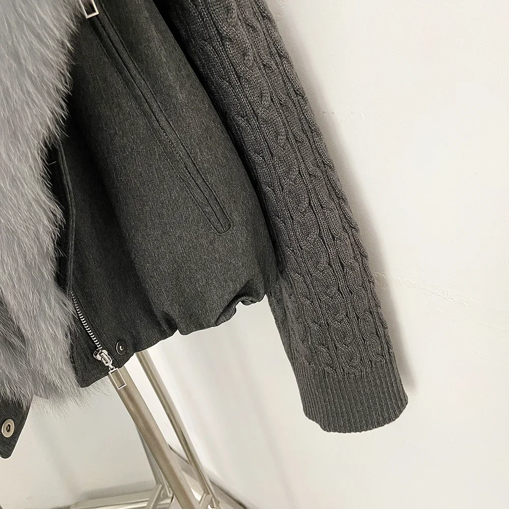 OFTBUY Winter Real Fox Fur Collar Coat Women Zipper Duck Down Jacket Female Knit Sleeve Crop Puffer Coat Thick Warm Outerwear