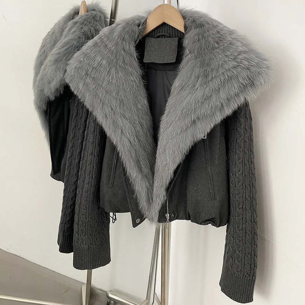 OFTBUY Winter Real Fox Fur Collar Coat Women Zipper Duck Down Jacket Female Knit Sleeve Crop Puffer Coat Thick Warm Outerwear