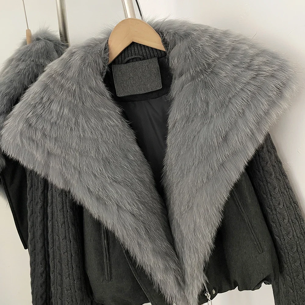 OFTBUY Winter Real Fox Fur Collar Coat Women Zipper Duck Down Jacket Female Knit Sleeve Crop Puffer Coat Thick Warm Outerwear