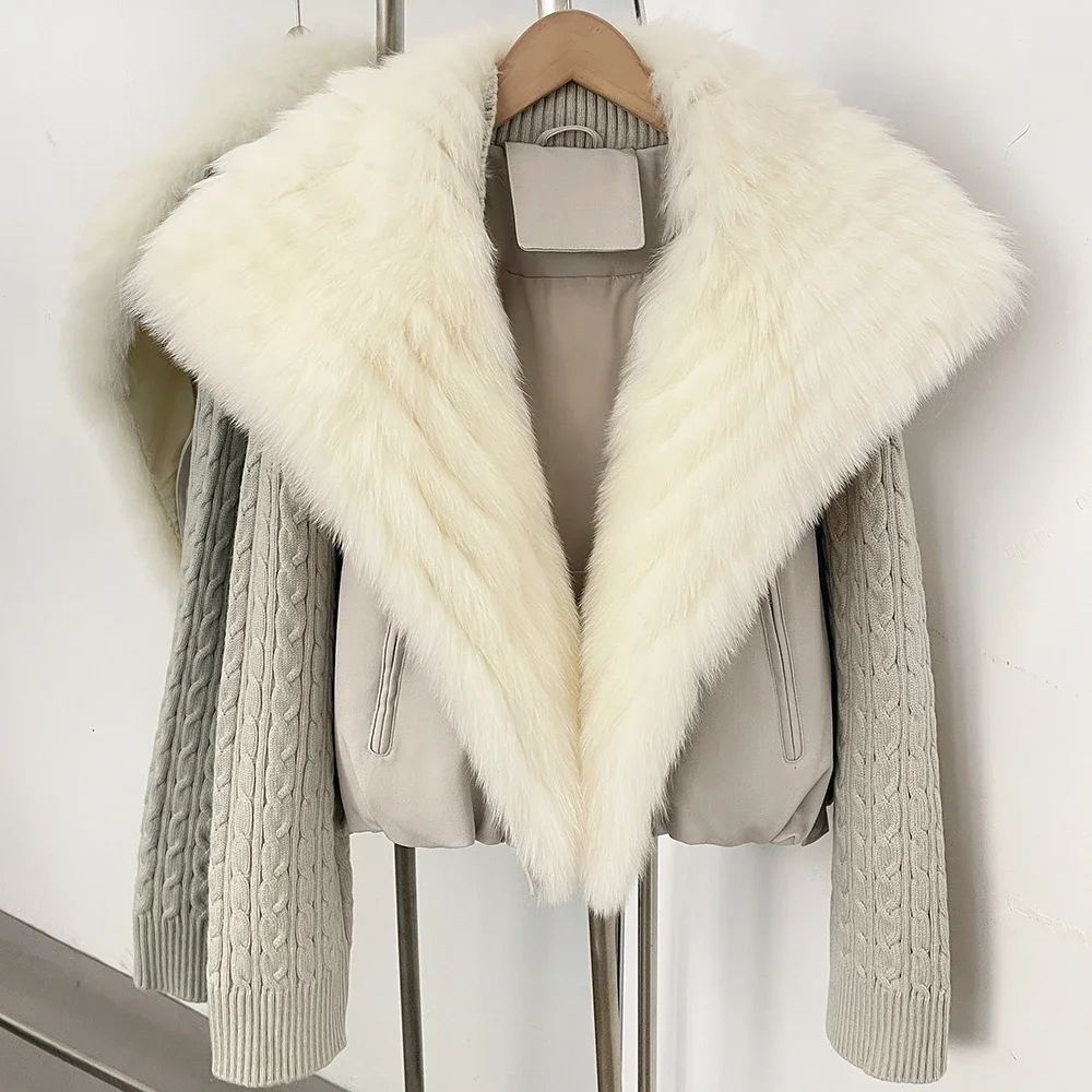 OFTBUY Winter Real Fox Fur Collar Coat Women Zipper Duck Down Jacket Female Knit Sleeve Crop Puffer Coat Thick Warm Outerwear