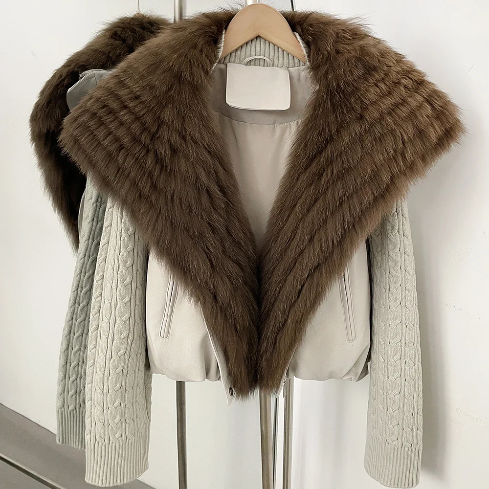 OFTBUY Winter Real Fox Fur Collar Coat Women Zipper Duck Down Jacket Female Knit Sleeve Crop Puffer Coat Thick Warm Outerwear