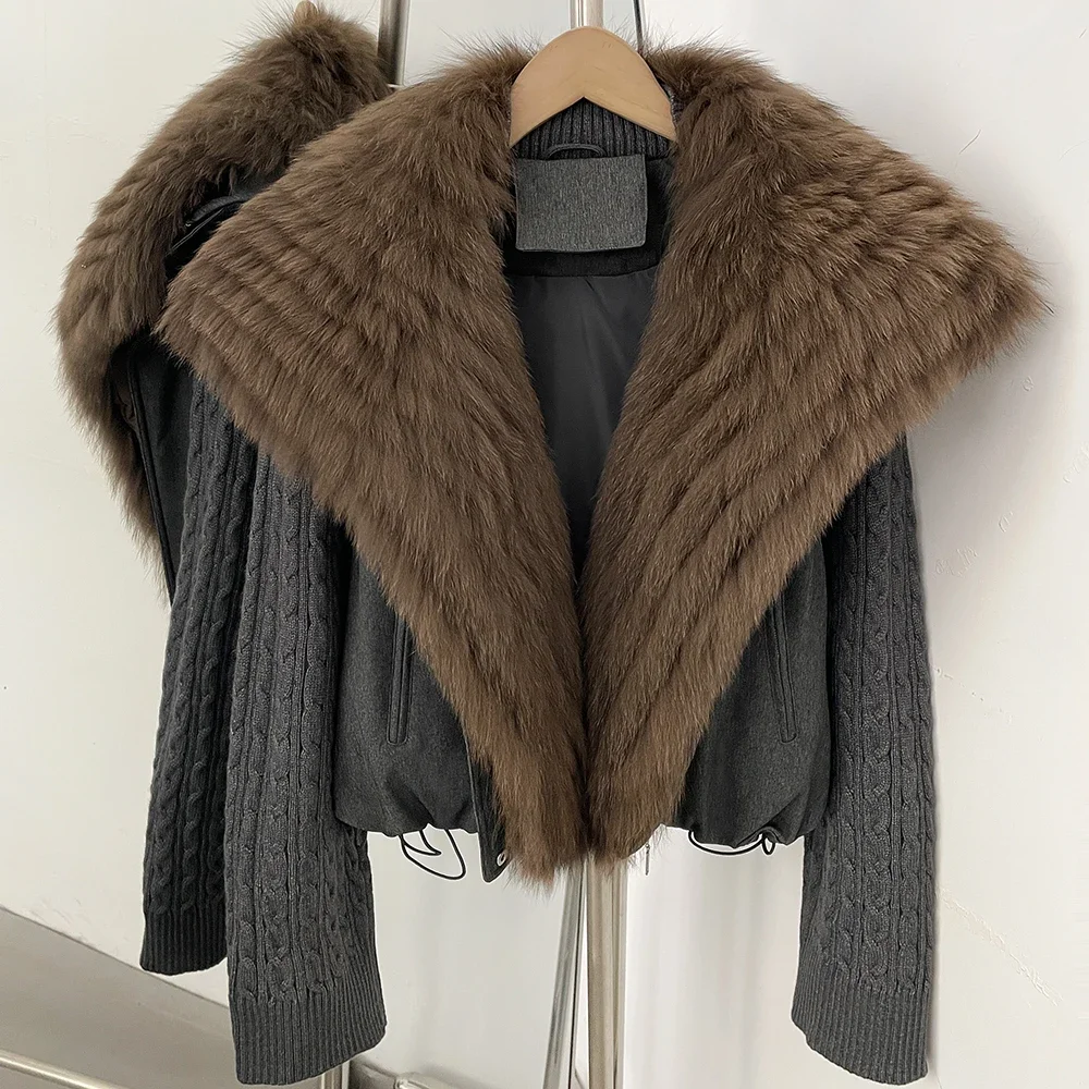 OFTBUY Winter Real Fox Fur Collar Coat Women Zipper Duck Down Jacket Female Knit Sleeve Crop Puffer Coat Thick Warm Outerwear