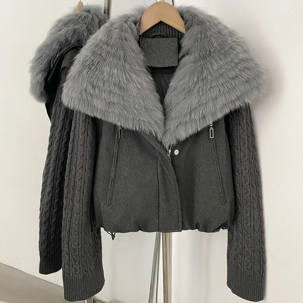 OFTBUY Winter Real Fox Fur Collar Coat Women Zipper Duck Down Jacket Female Knit Sleeve Crop Puffer Coat Thick Warm Outerwear