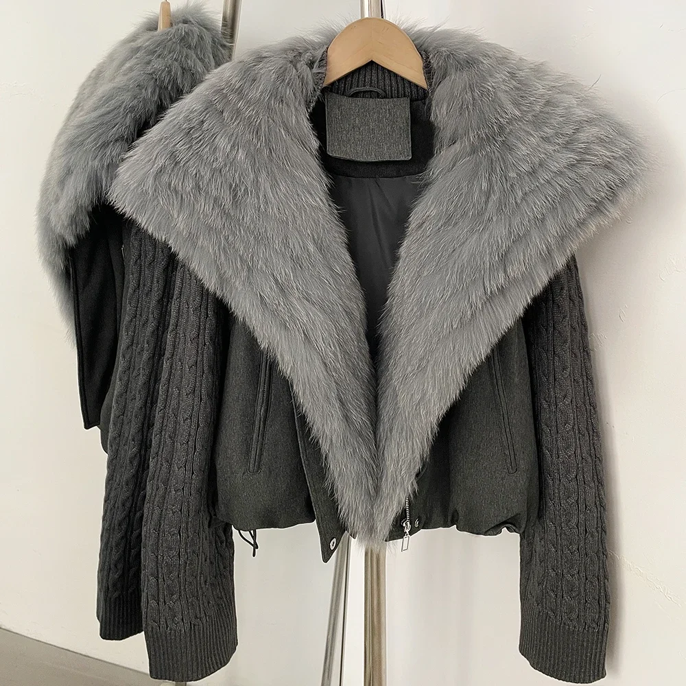 OFTBUY Winter Real Fox Fur Collar Coat Women Zipper Duck Down Jacket Female Knit Sleeve Crop Puffer Coat Thick Warm Outerwear