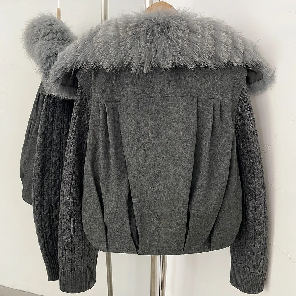 OFTBUY Winter Real Fox Fur Collar Coat Women Zipper Duck Down Jacket Female Knit Sleeve Crop Puffer Coat Thick Warm Outerwear