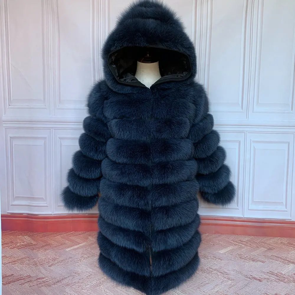 QUEENTINA Hood Fur Coat Women Real Fox Long New Luxury Female Natural Leather Jacket Warm Thick Long Winter Fur Vest Waistcoat