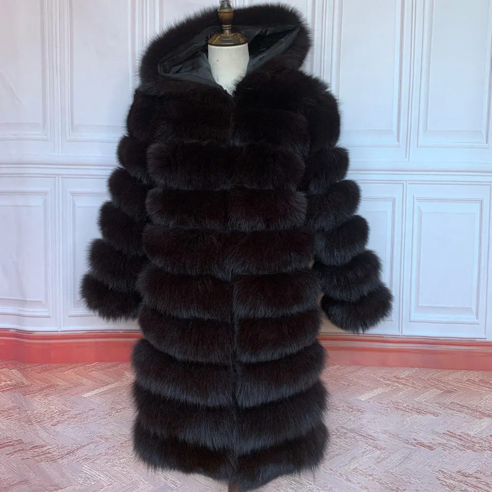 QUEENTINA Hood Fur Coat Women Real Fox Long New Luxury Female Natural Leather Jacket Warm Thick Long Winter Fur Vest Waistcoat