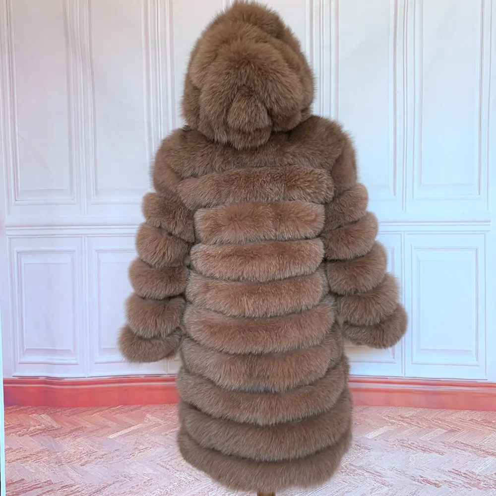 QUEENTINA Hood Fur Coat Women Real Fox Long New Luxury Female Natural Leather Jacket Warm Thick Long Winter Fur Vest Waistcoat