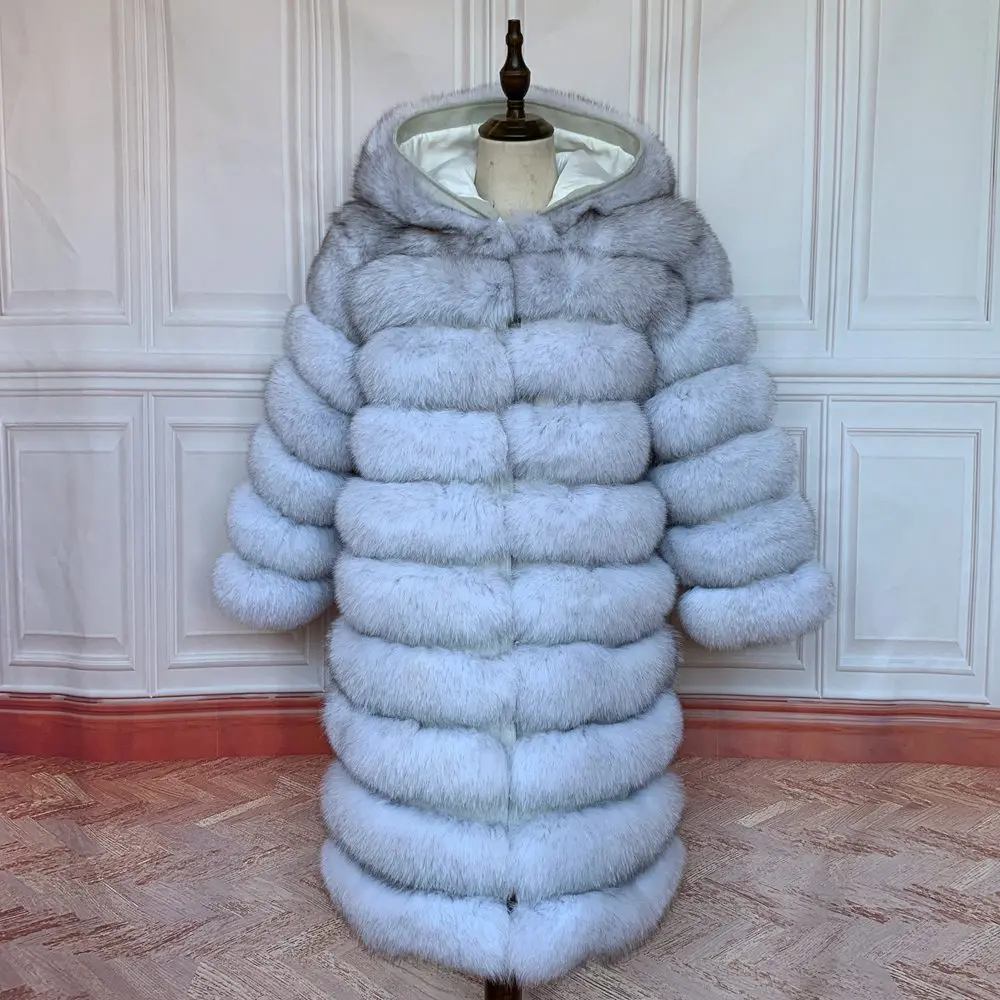 QUEENTINA Hood Fur Coat Women Real Fox Long New Luxury Female Natural Leather Jacket Warm Thick Long Winter Fur Vest Waistcoat