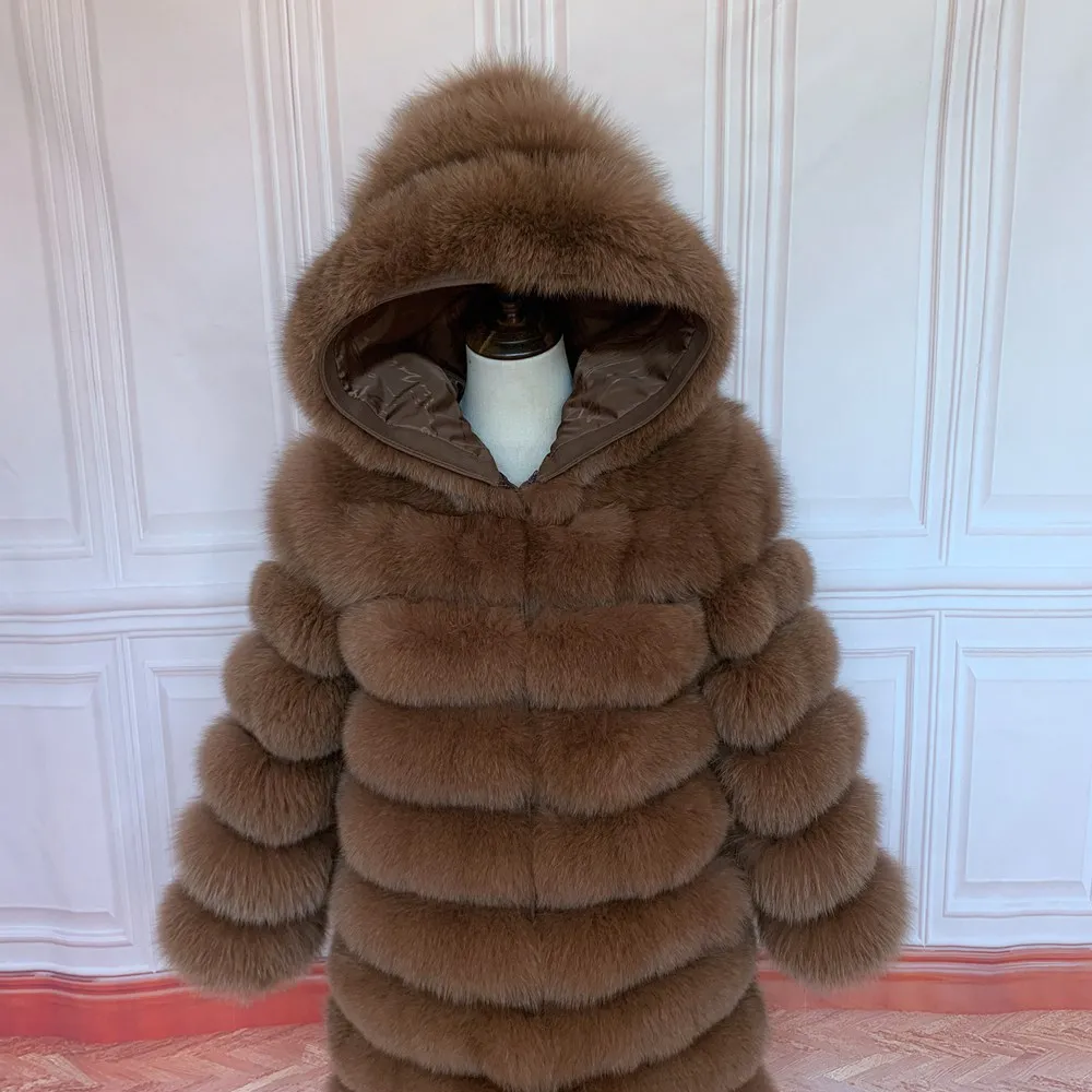 QUEENTINA Hood Fur Coat Women Real Fox Long New Luxury Female Natural Leather Jacket Warm Thick Long Winter Fur Vest Waistcoat